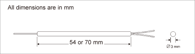 Dimensions of 1x2 or 2x2 Fused Splitter with 250 Micron or 900 Micron Jacketed Fibers.