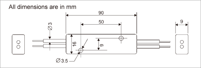Dimensions of 1x2 or 2x2 Fused Splitter with 3mm Cabled Fibers.