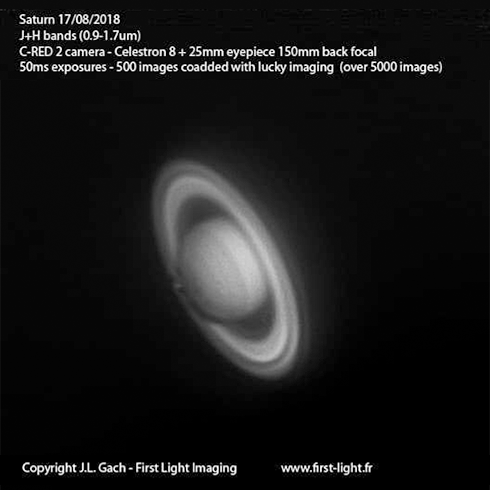 SWIR 領域での天文イメージング。C-RED 2 で 50ms 露光した土星の画像