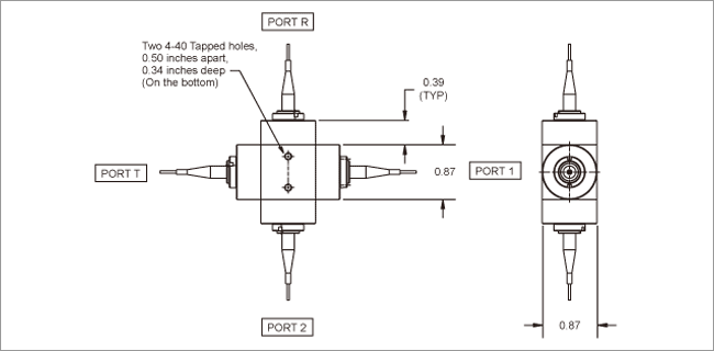 Dimensions of 1x2 or 2x2 Fused Splitter with 250 Micron or 900 Micron Jacketed Fibers.