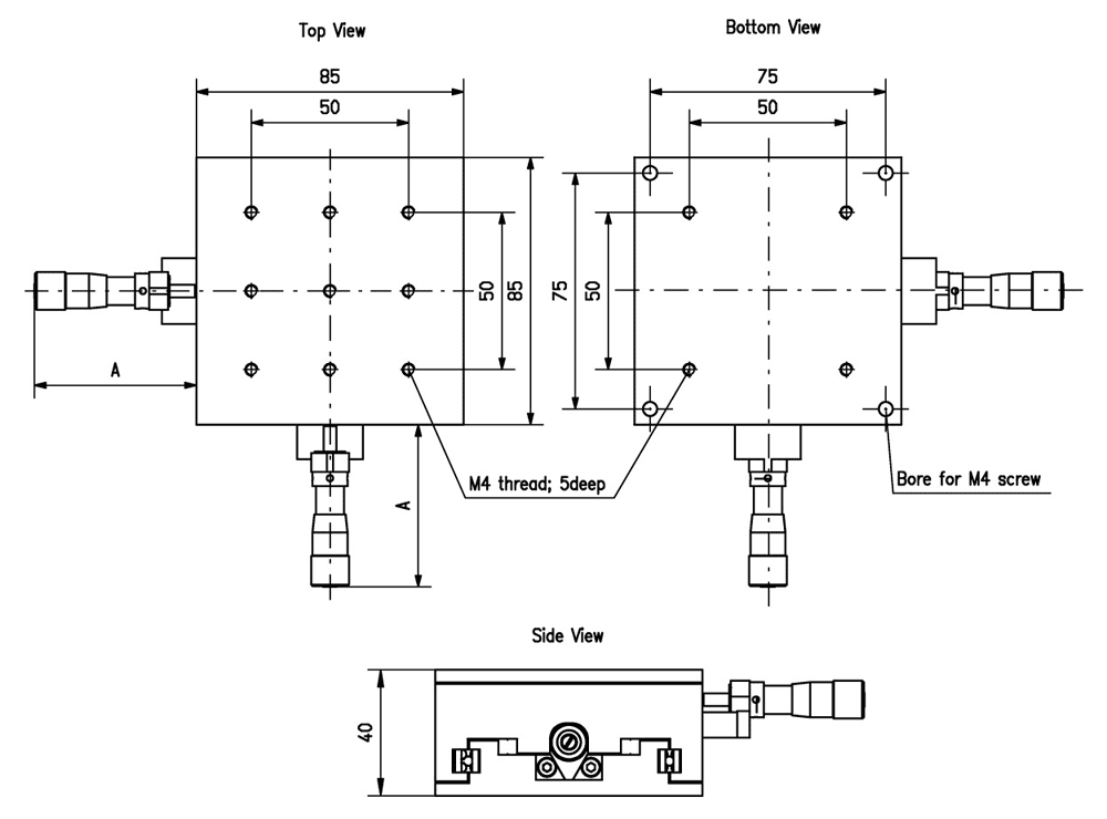 XY 85; ; Center position: A; XY 85-16: 53; XY 85-25: 77; XY 85-50: 131
